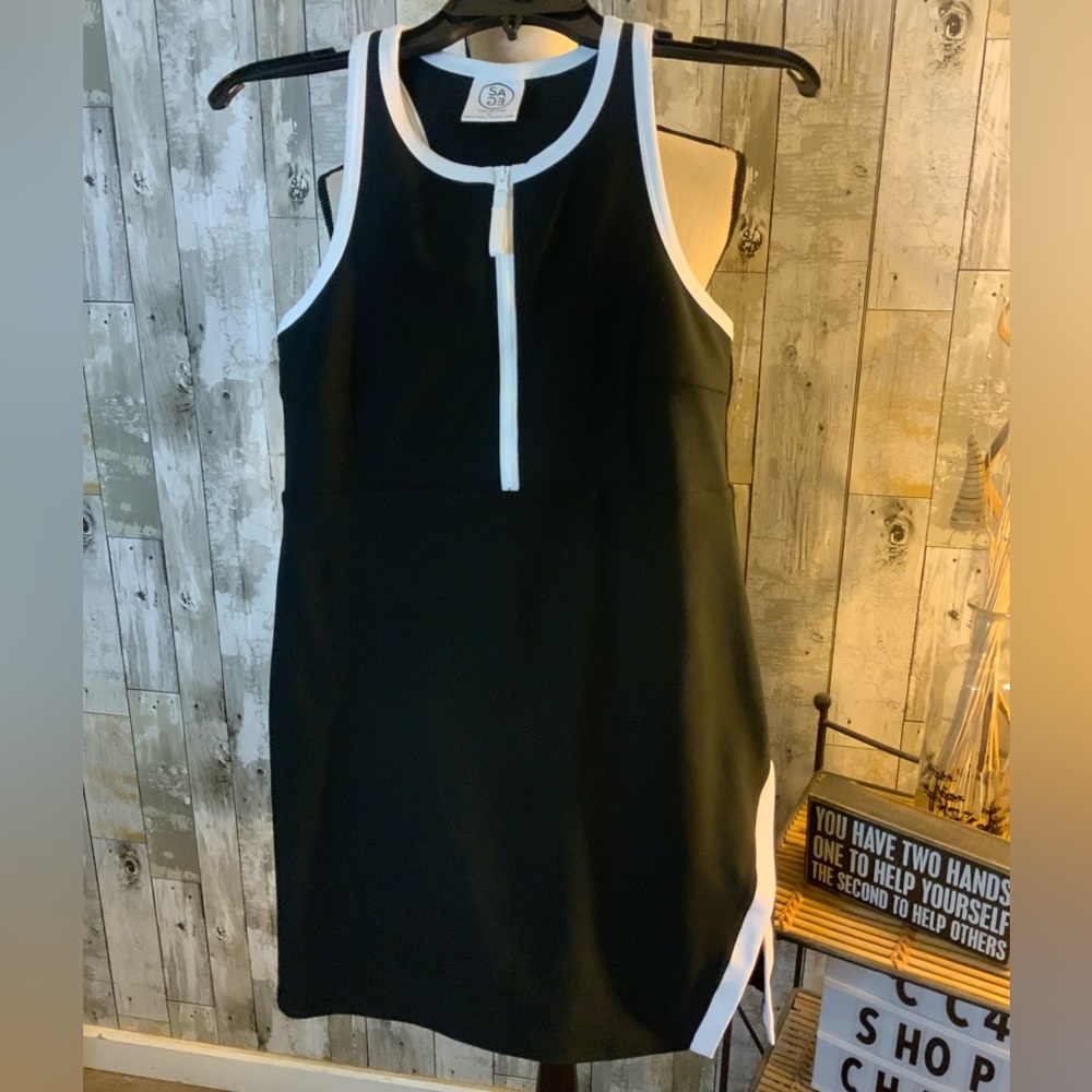 Sage Collective Black and White Zip-Front Mini Tennis Dress. Size M